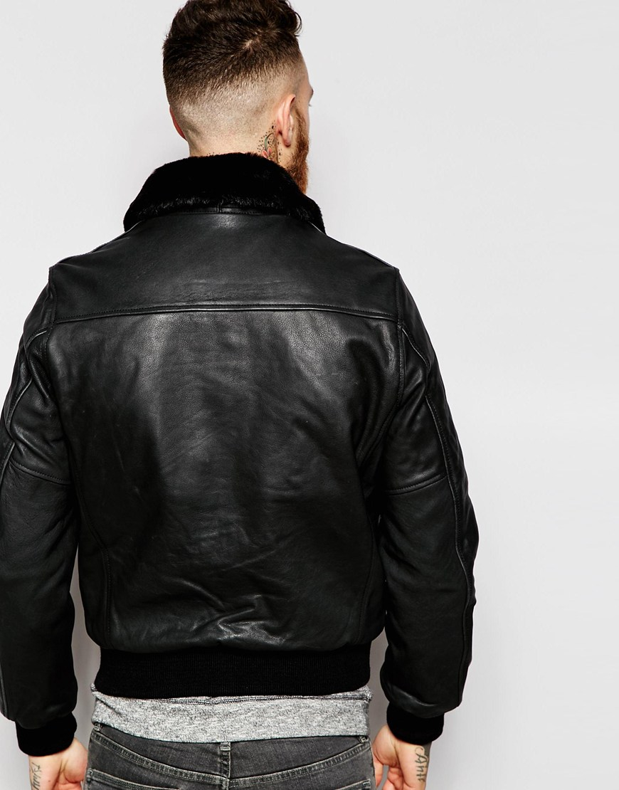 Schott Nyc Leather Flight Jacket With Faux Fur Collar In Black For Gallery
