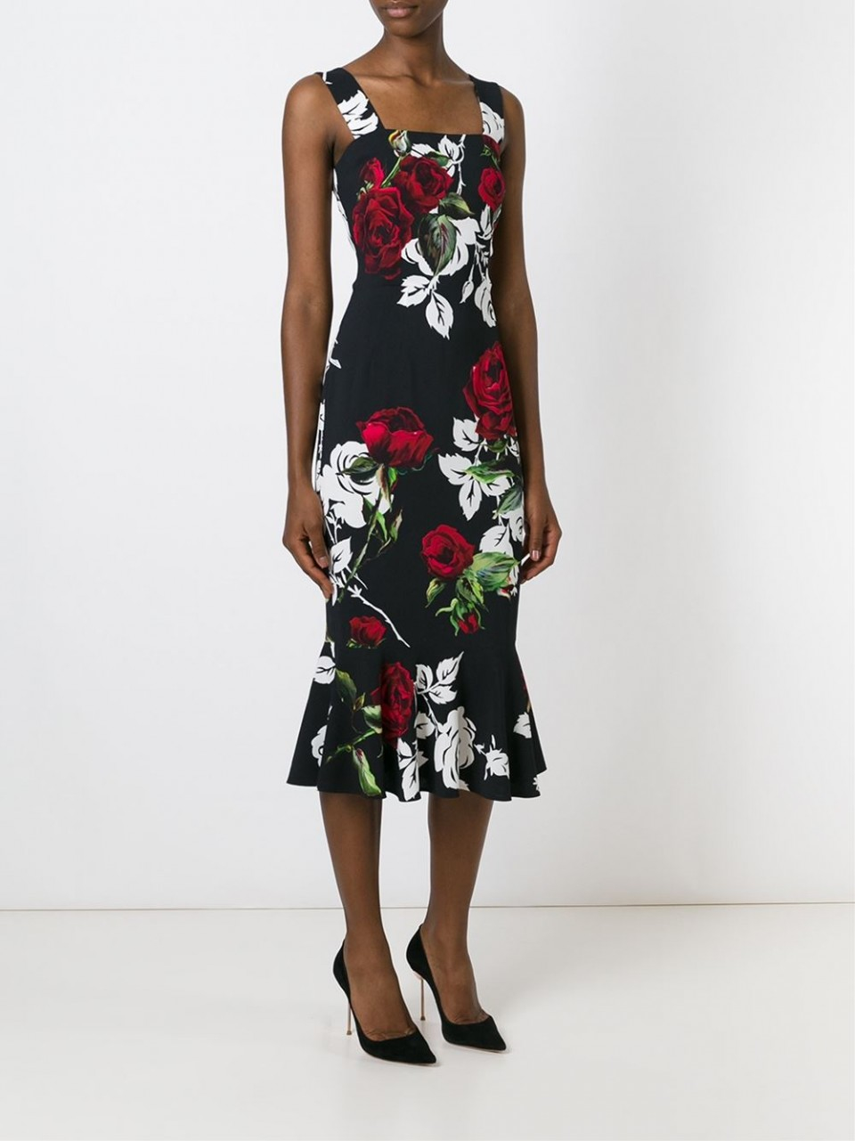 Lyst - Dolce & Gabbana Rose Print Flounce Bottom Dress in Black