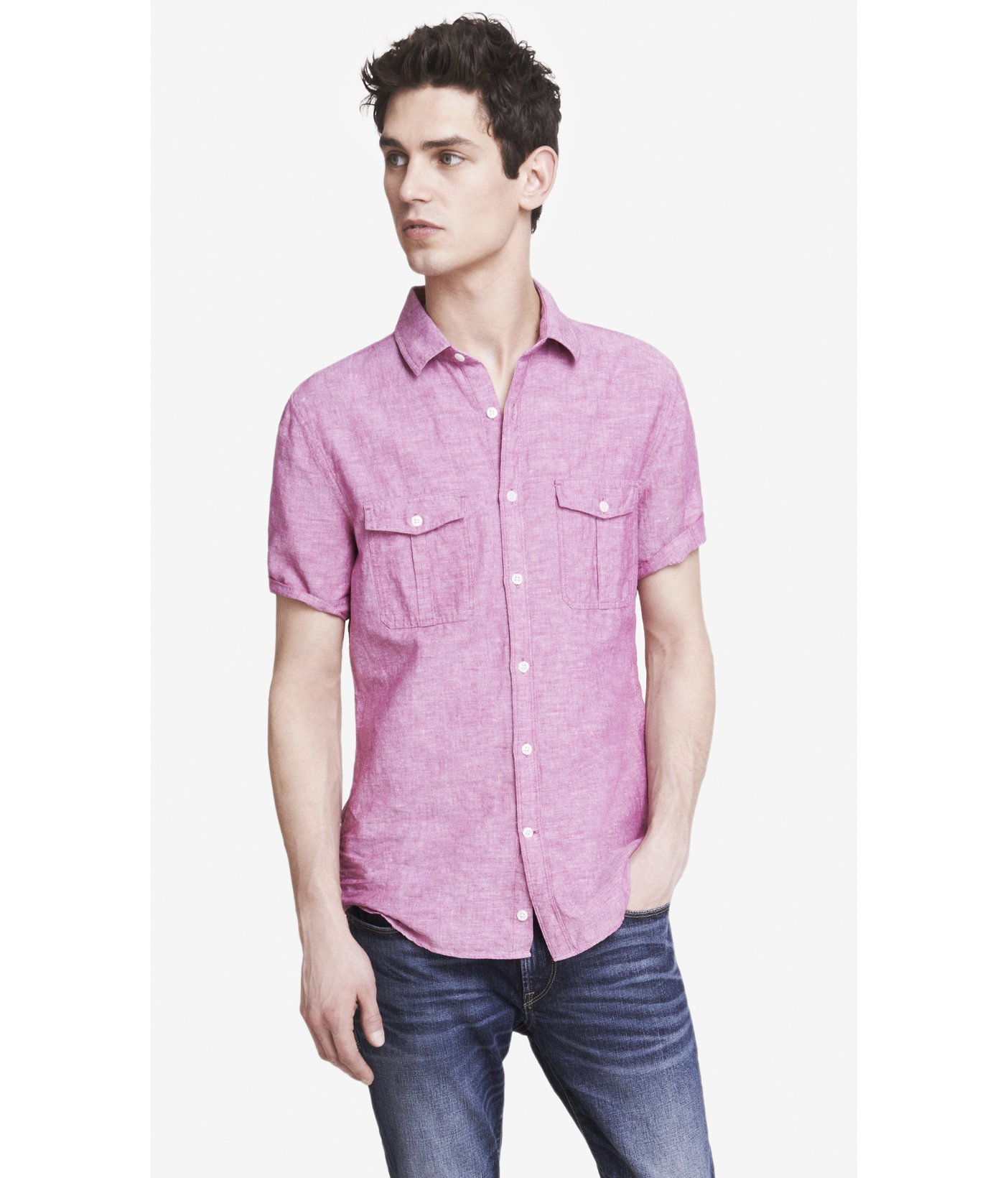 Express Linen-cotton Two Pocket Short Sleeve Shirt in Purple for Men ...