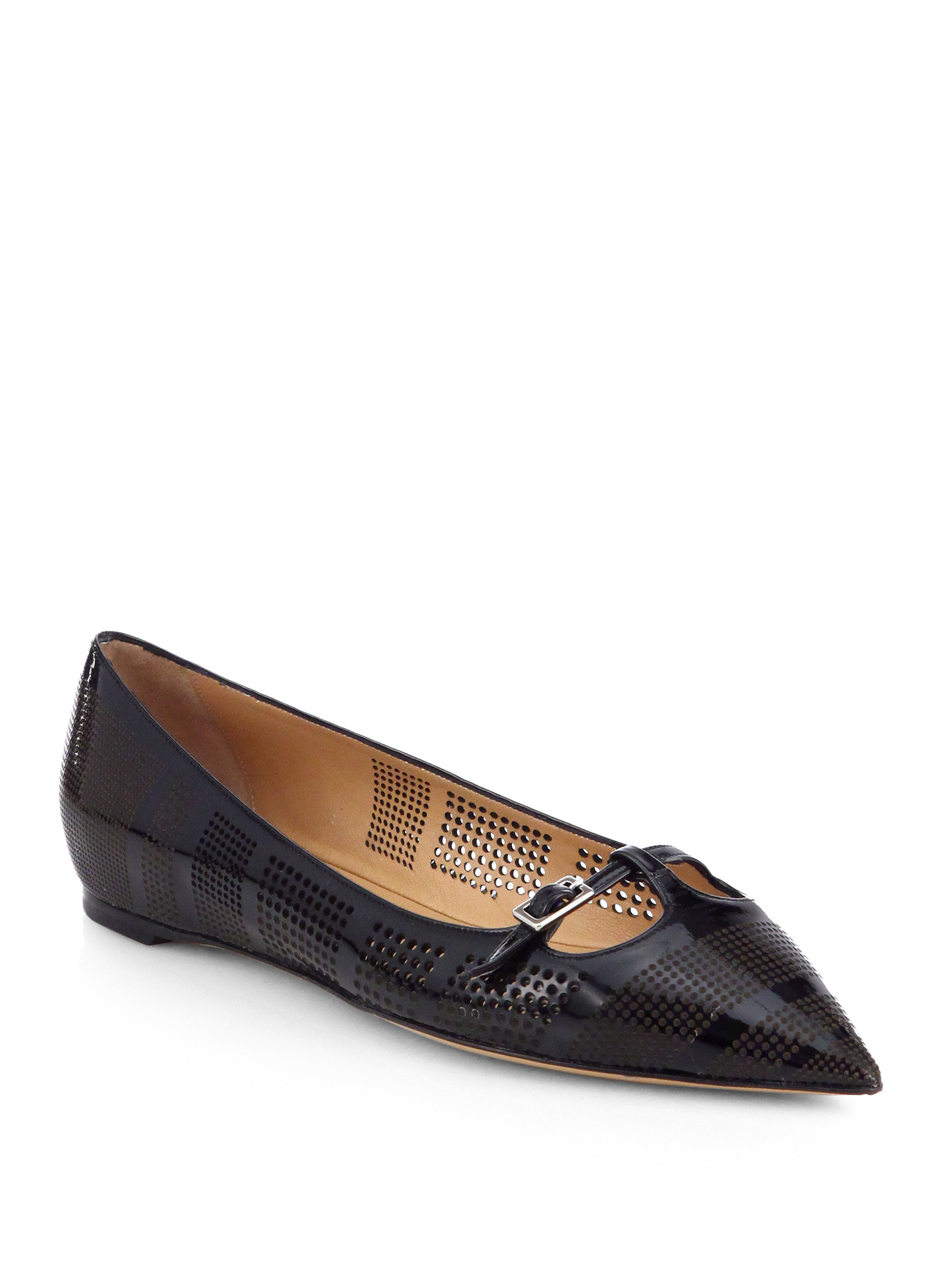 Ferragamo Patty Perforated Patent Leather Ballet Flats in Black | Lyst
