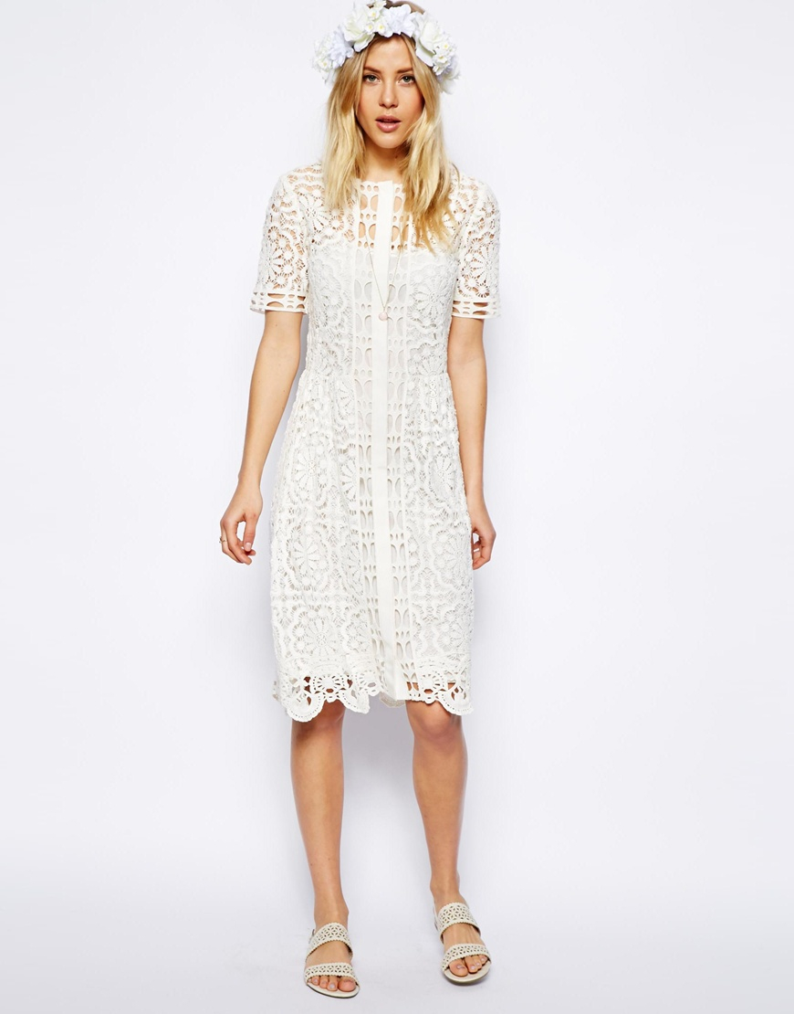 Asos Premium Lace Midi Dress in White | Lyst