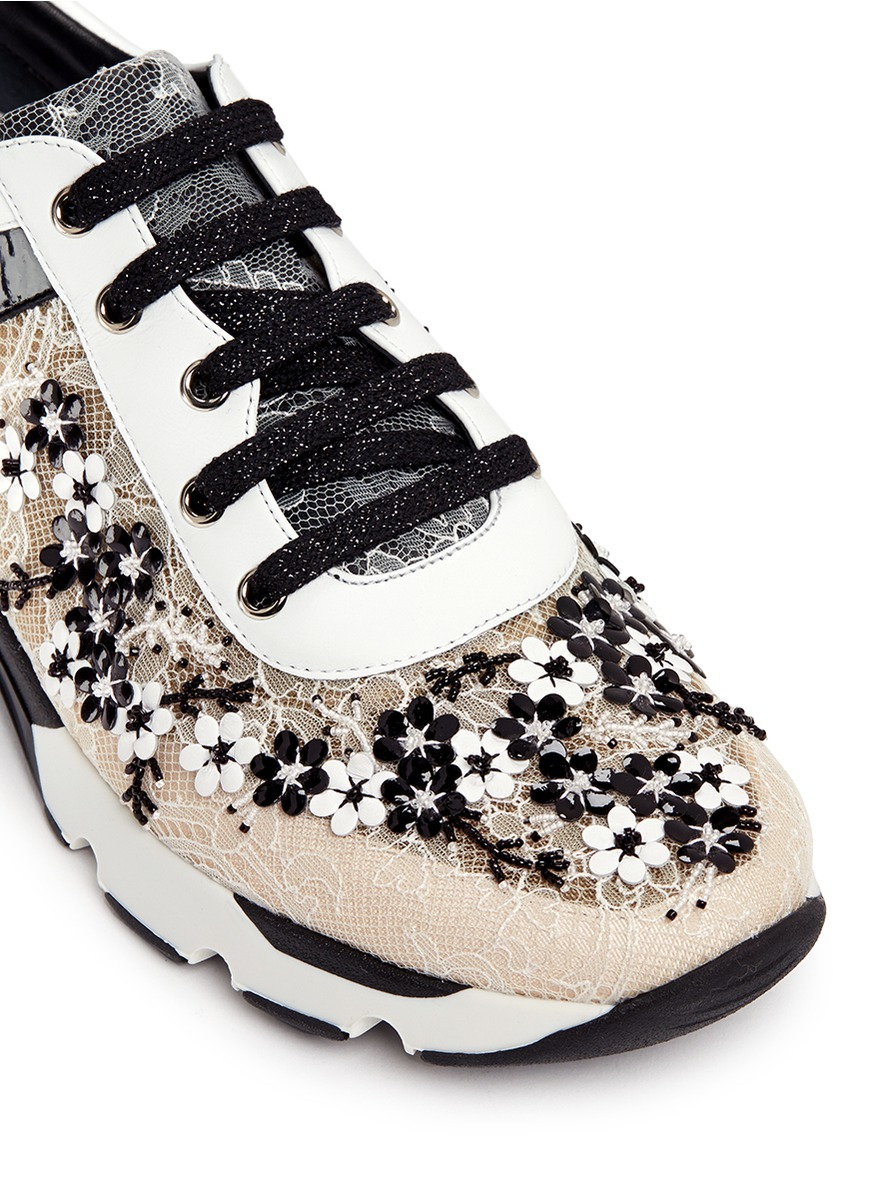 Rene caovilla Floral Bead Embroidery Lace Sneakers in Black | Lyst