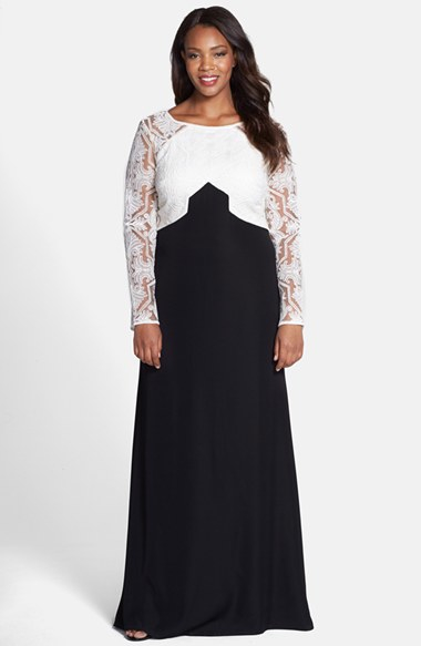 Lyst Tadashi Shoji Embroidered Colorblock Crepe Gown With Train Gallery