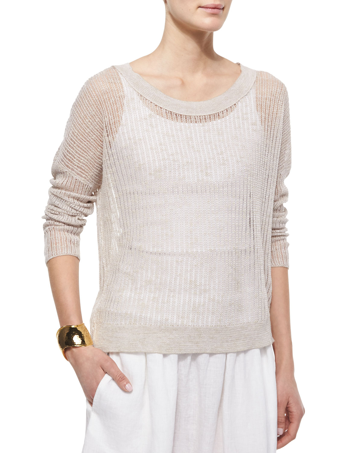 Lyst - Eileen Fisher Long-sleeve Organic Open-stitch Knit Top in Natural