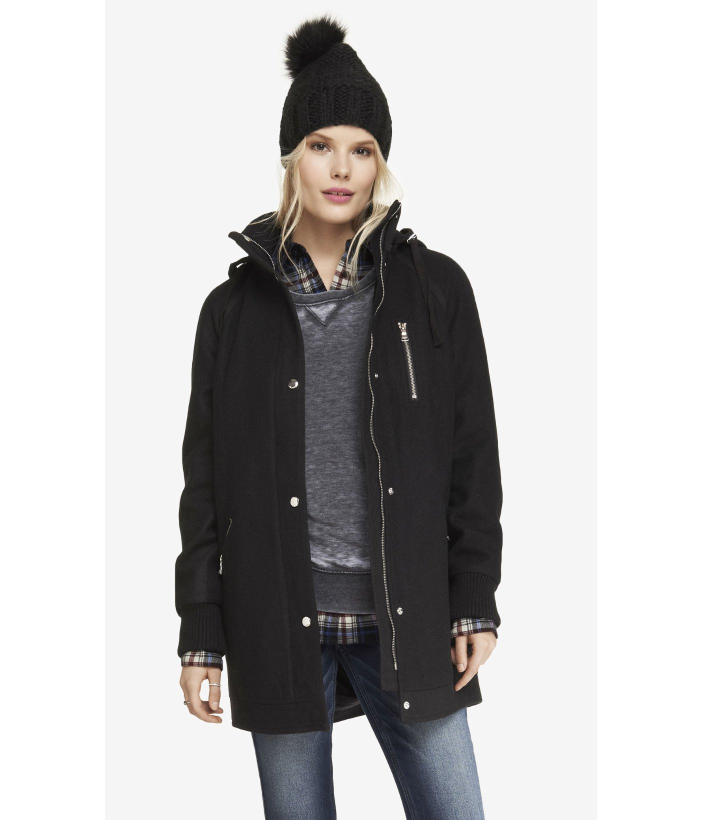 Express Wool Blend Hooded Stadium Coat in Black  Lyst