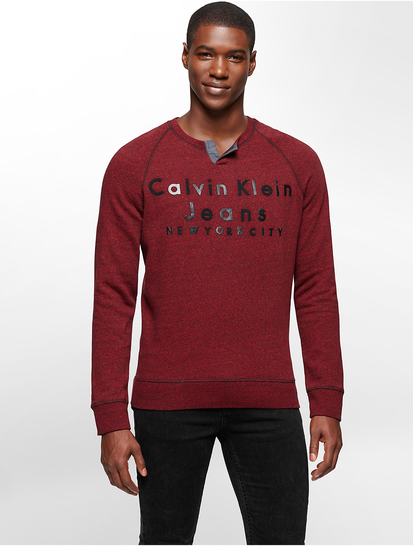 Lyst - Calvin Klein Jeans Slit Neck Logo Sweatshirt in Red
