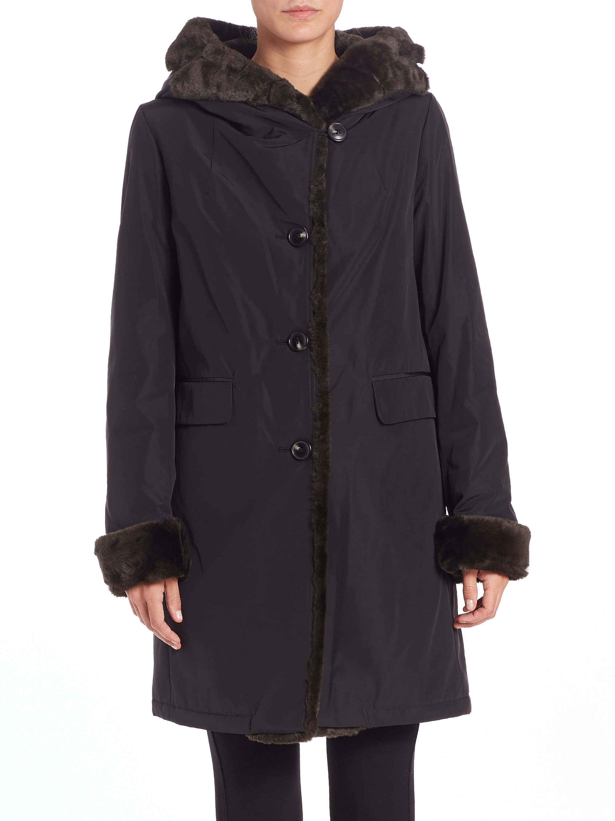 Jane post Storm Faux Fur-trim Coat in Black | Lyst