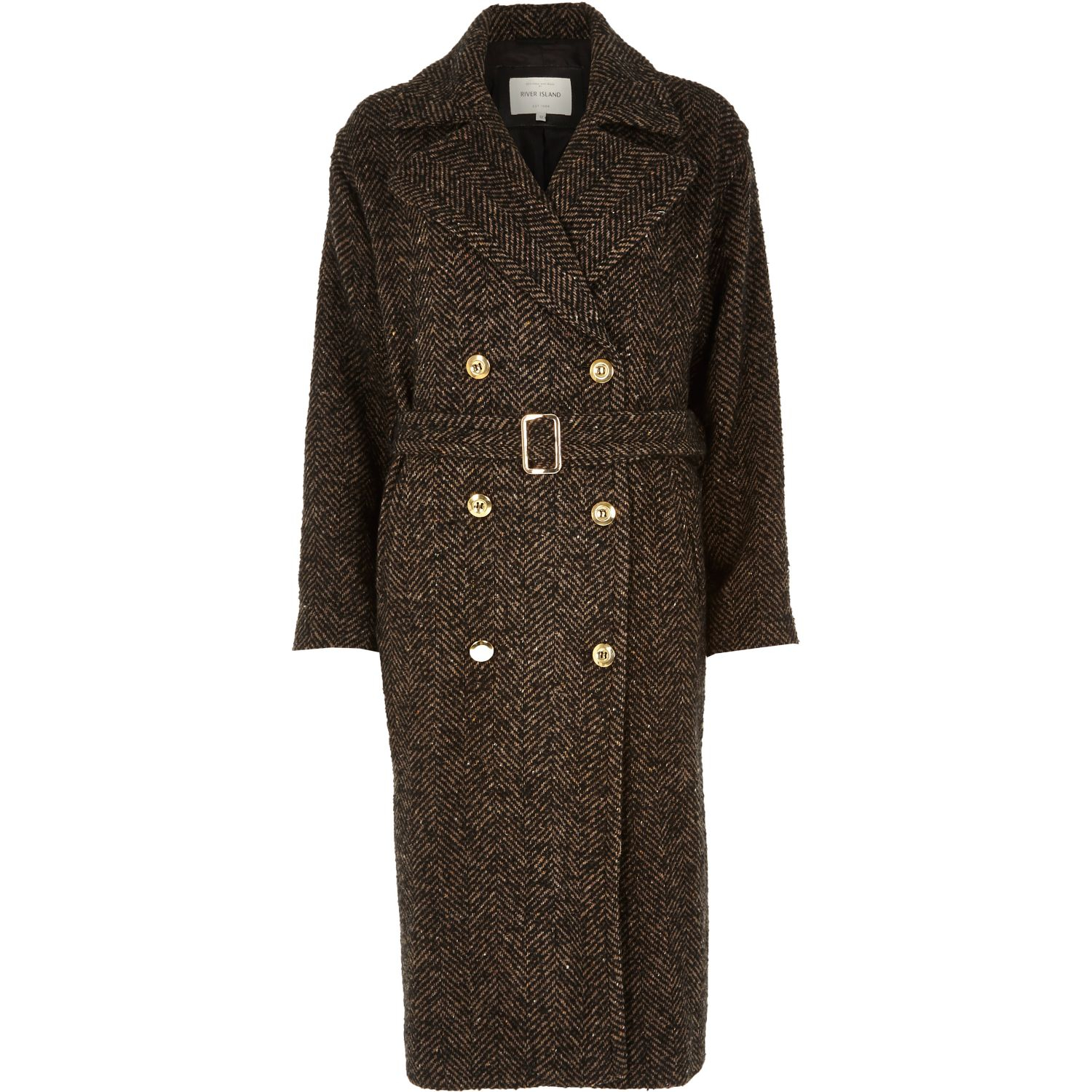 River island Brown Herringbone Tweed Long Coat in Brown for Men | Lyst