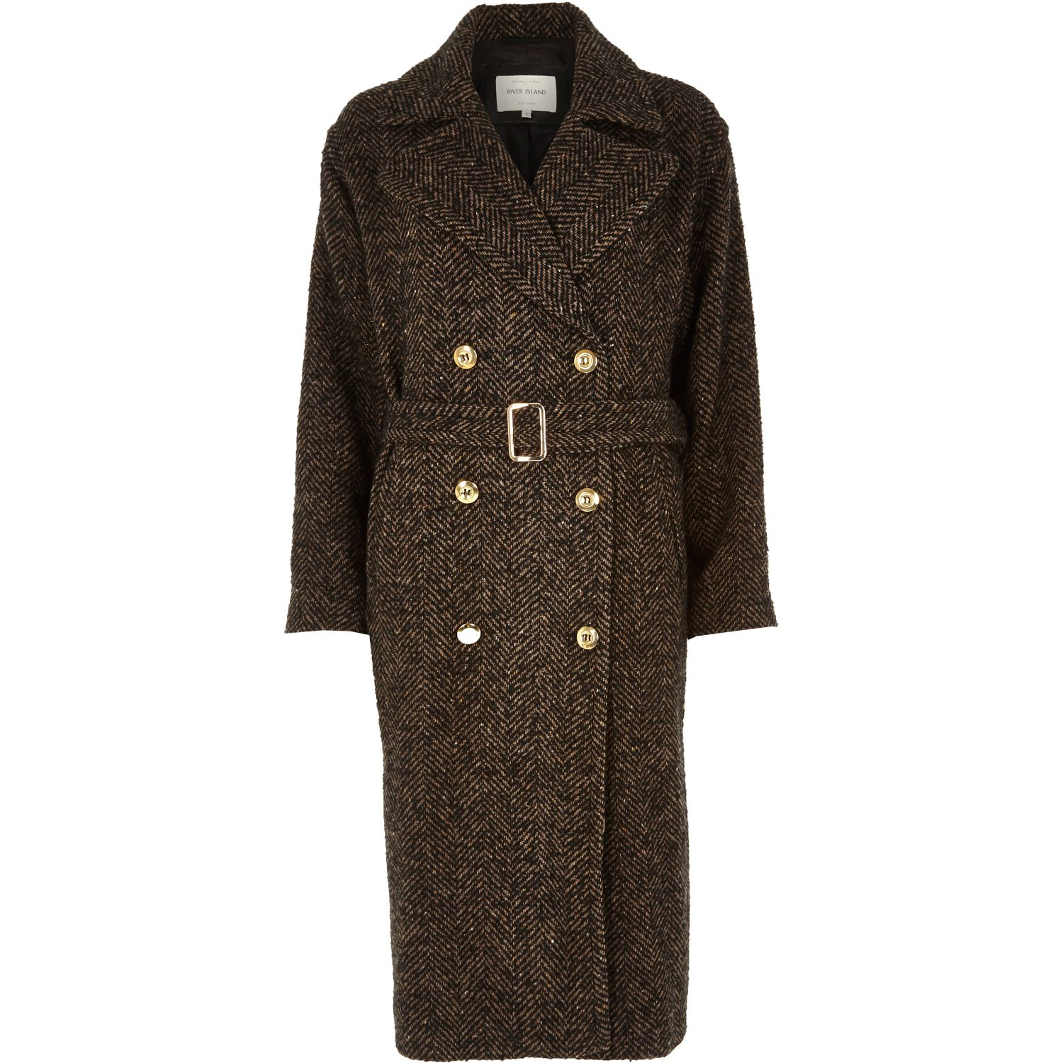 River island Brown Herringbone Tweed Long Coat in Brown for Men Lyst