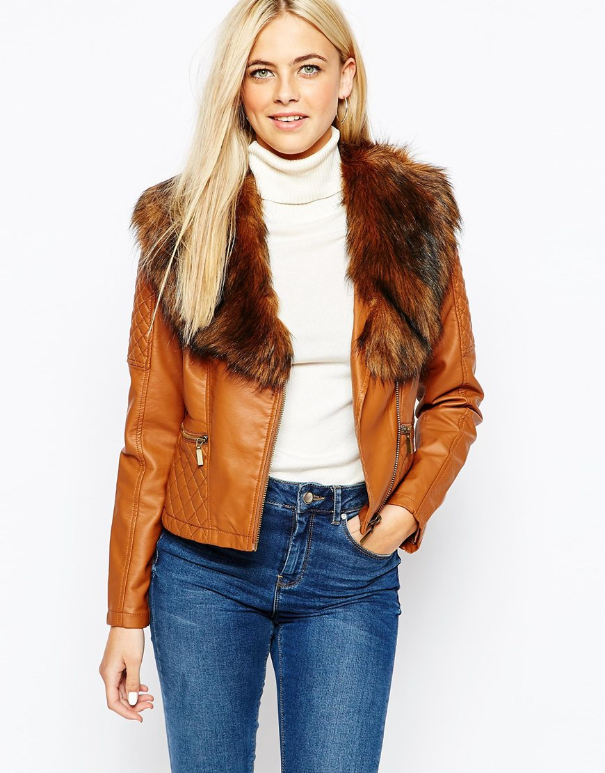 Lyst Oasis Detachable Fur Collar Faux Leather Jacket In Brown Gallery