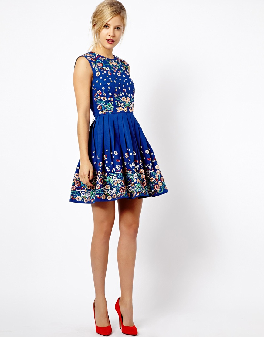 Lyst - Asos Skater Dress With Floral Embroidery in Blue