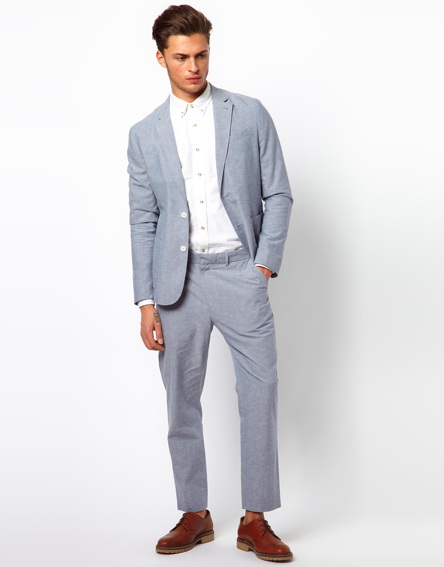 Asos Slim Fit Cropped Suit Trousers In Cotton in Gray for Men | Lyst