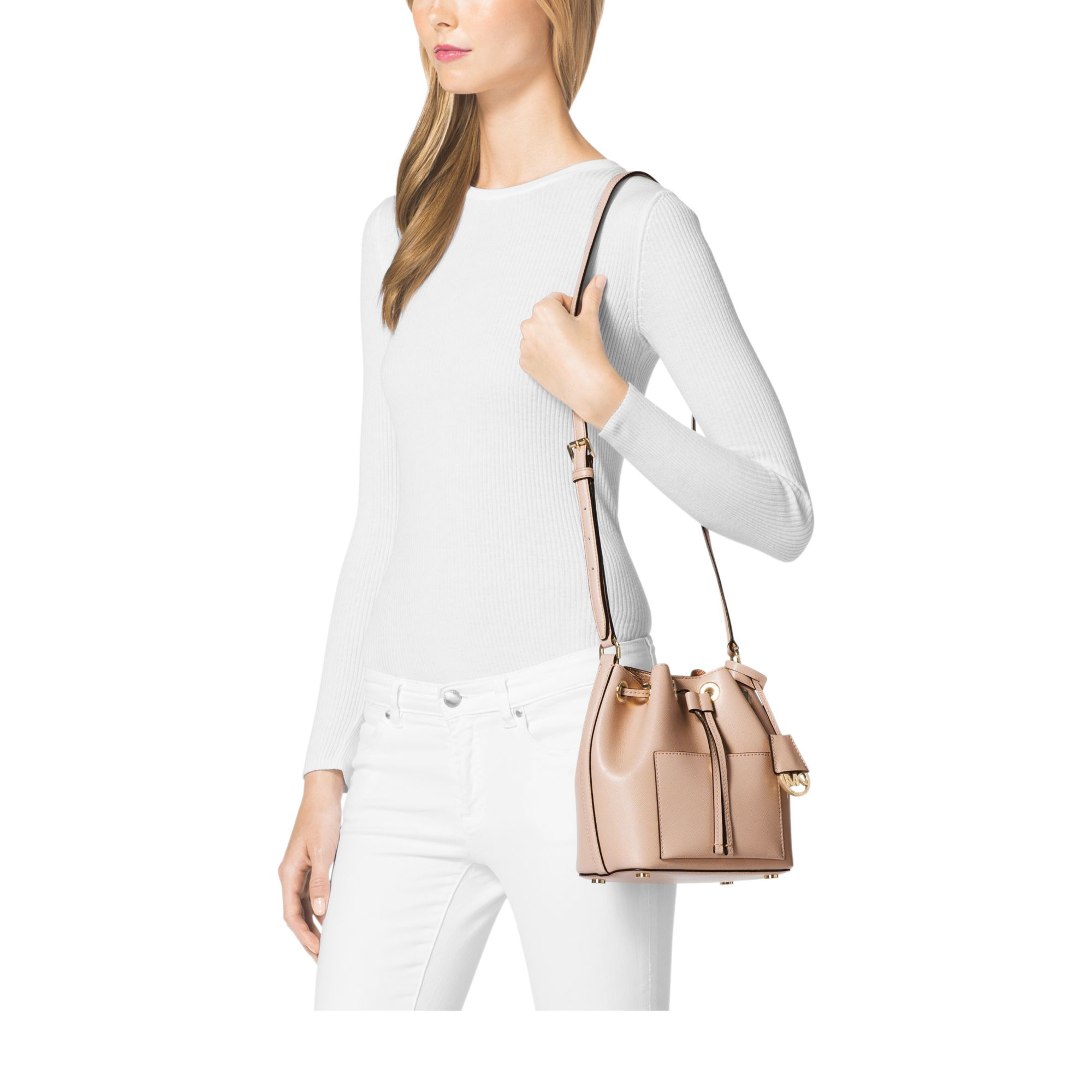 Lyst Michael Kors Greenwich Saffiano Leather Bucket Bag In Pink Gallery
