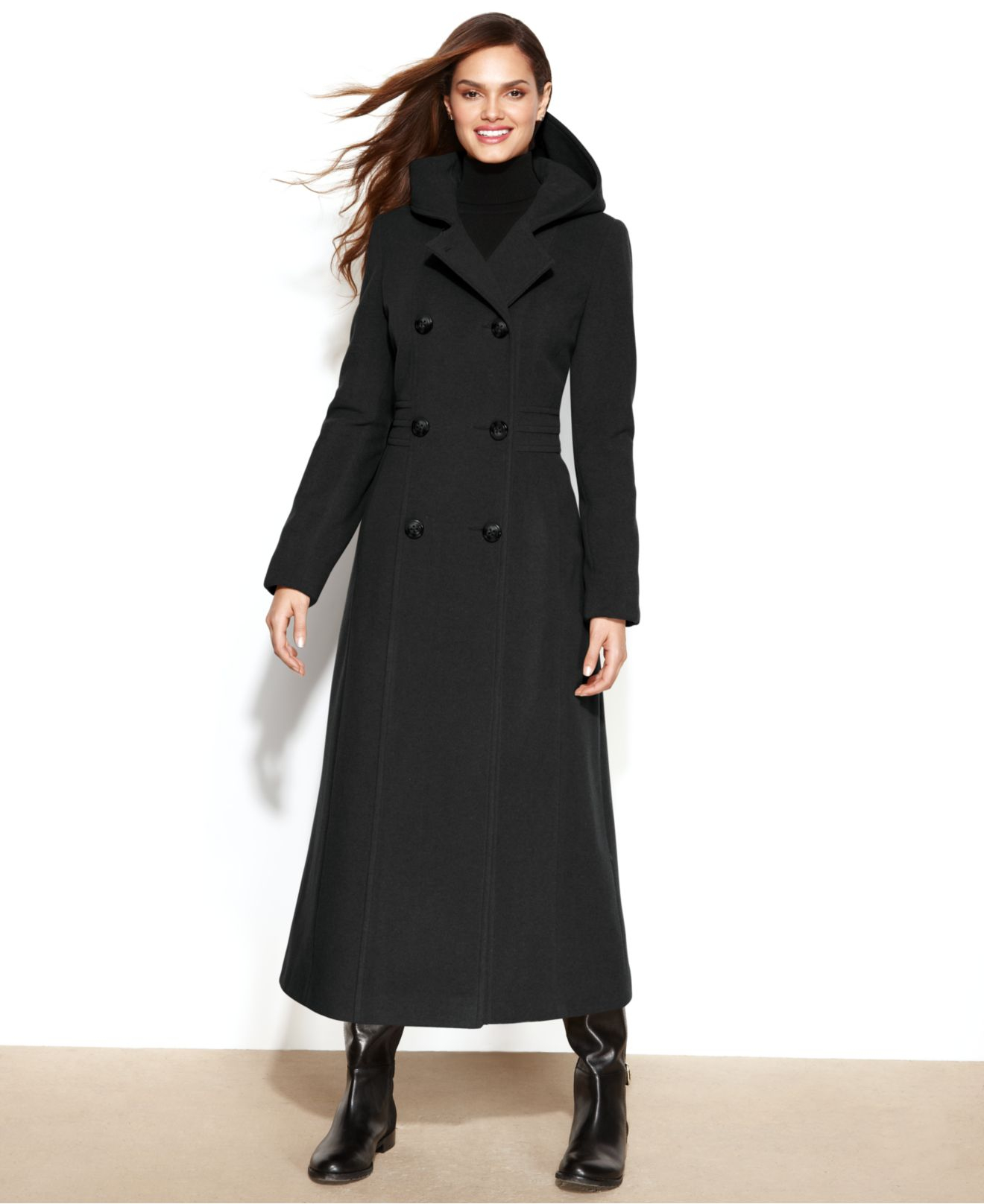 Anne klein Double-Breasted Wool-Blend Hooded Maxi Coat in Black | Lyst