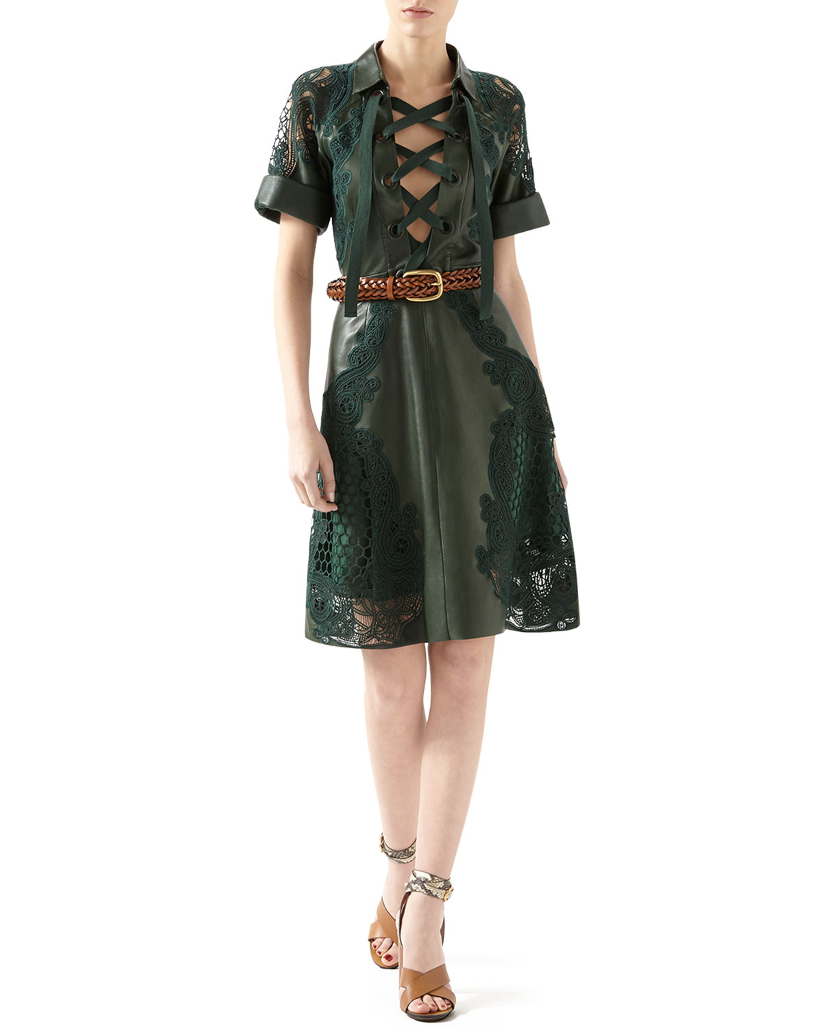 Gucci Leather Dress With Broderie Anglaise Detail in Green | Lyst