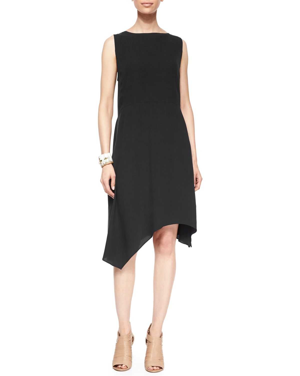 Eileen Fisher Sleeveless Silk Asymmetric Dress in Black | Lyst