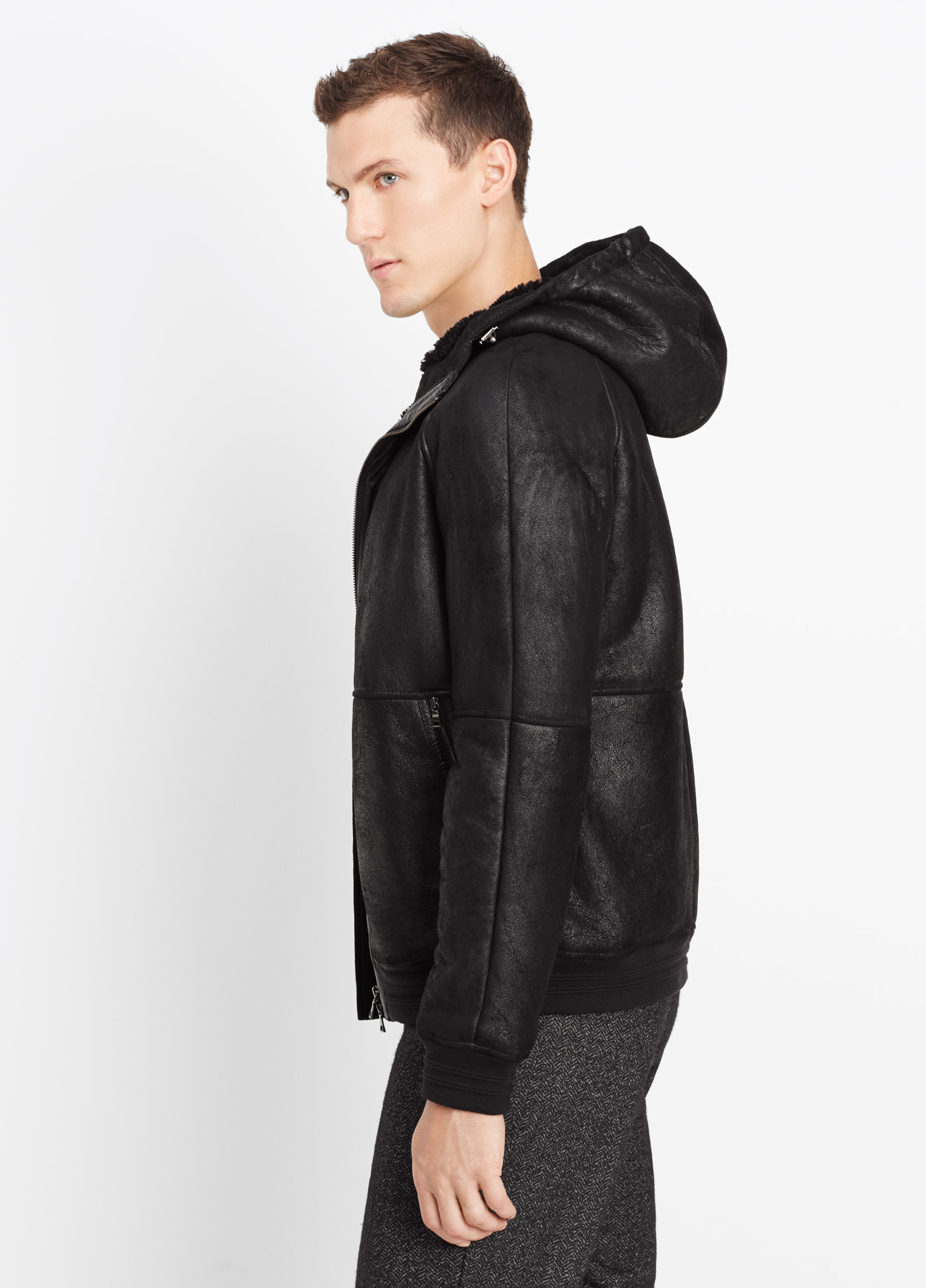 Lyst - Vince Shearling Bomber Jacket With Hood in Black for Men