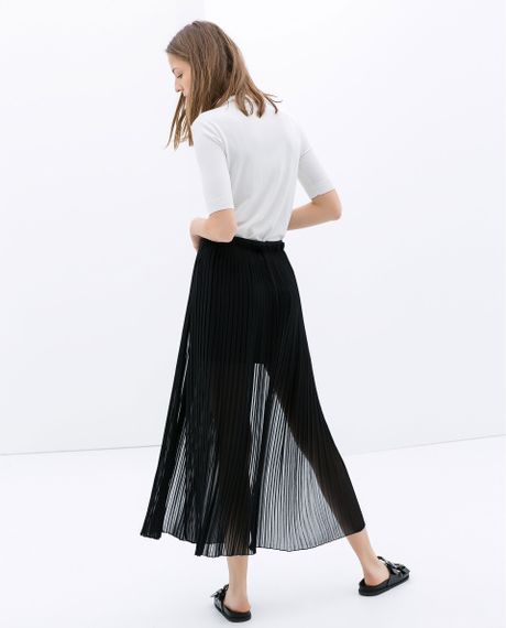 Zara Long Fine Pleat Skirt in Black | Lyst