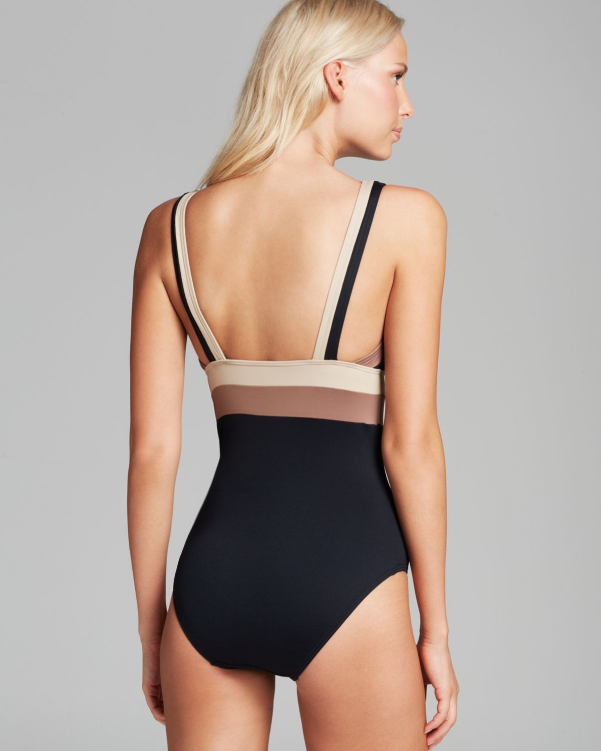 Dkny Color Block V Neck Maillot One Piece Swimsuit in Black | Lyst