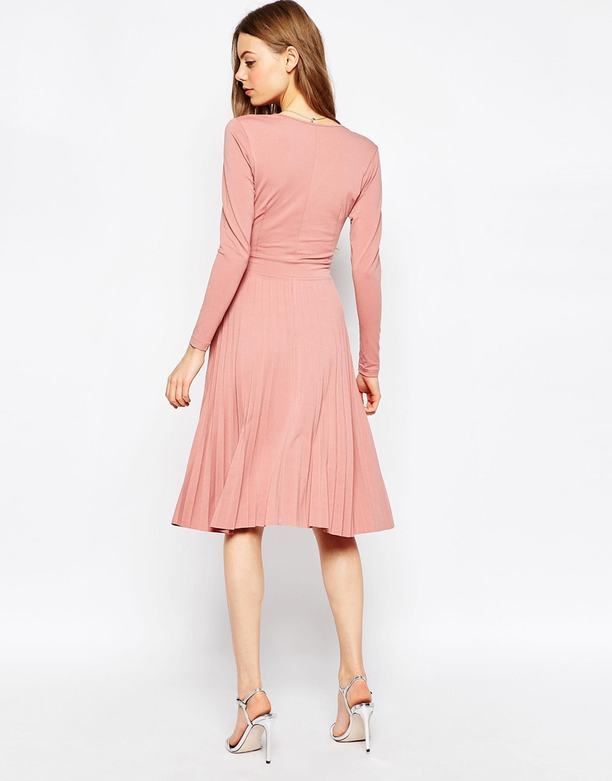 Lyst Asos Wrap Midi Dress With Pleats In Pink