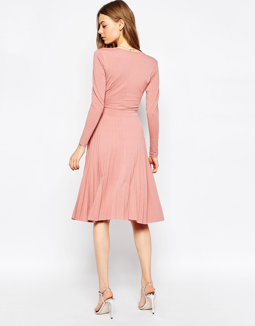 Lyst - Asos Wrap Midi Dress With Pleats in Pink