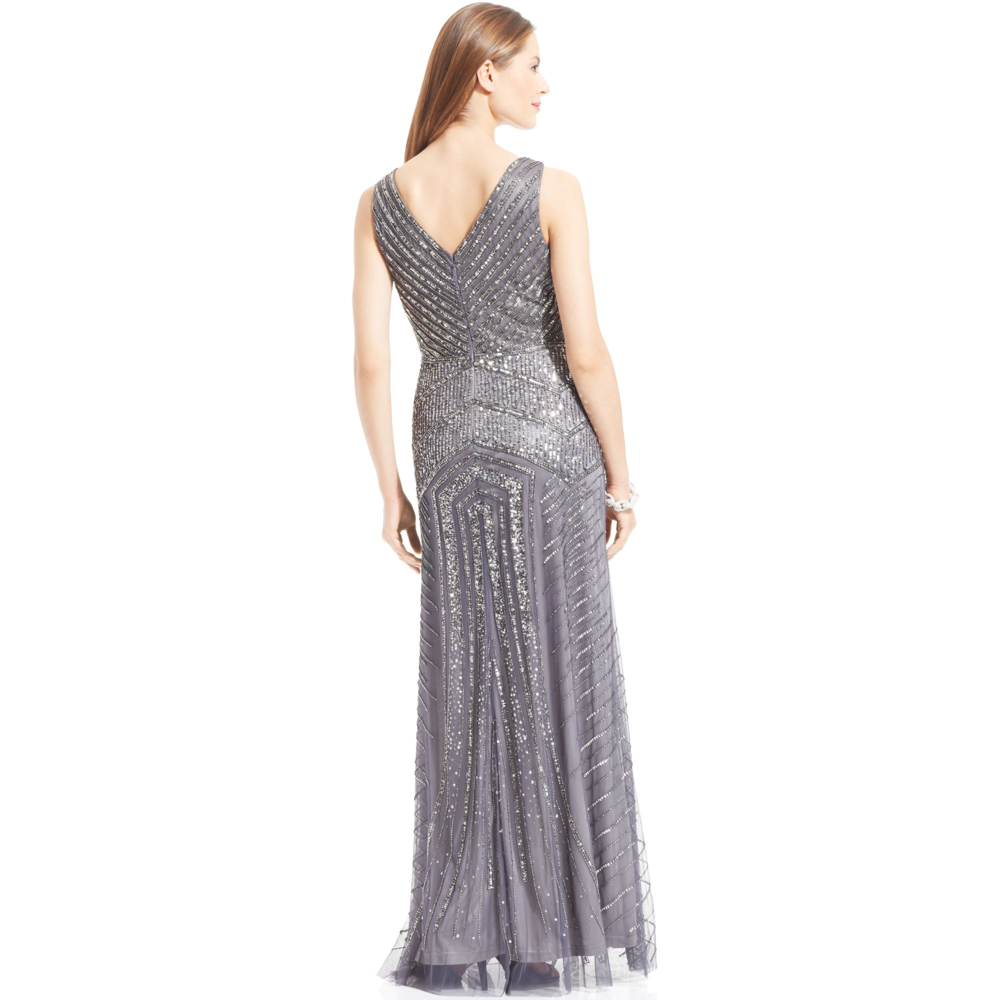 Adrianna papell Sleeveless Beaded V-Neck Gown in Silver 