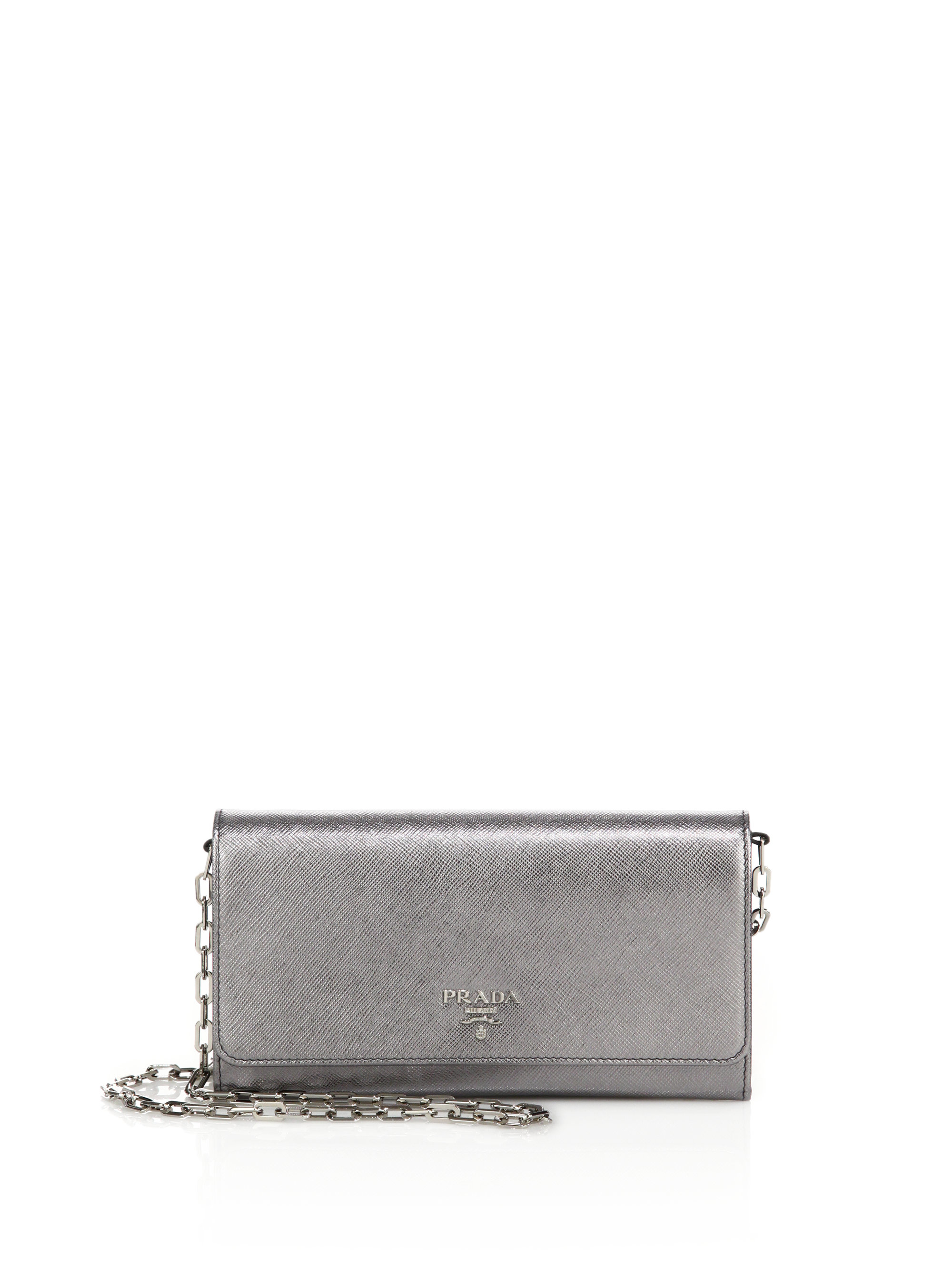 Prada Saffiano Leather Chain Wallet in Gold (cromo) | Lyst  