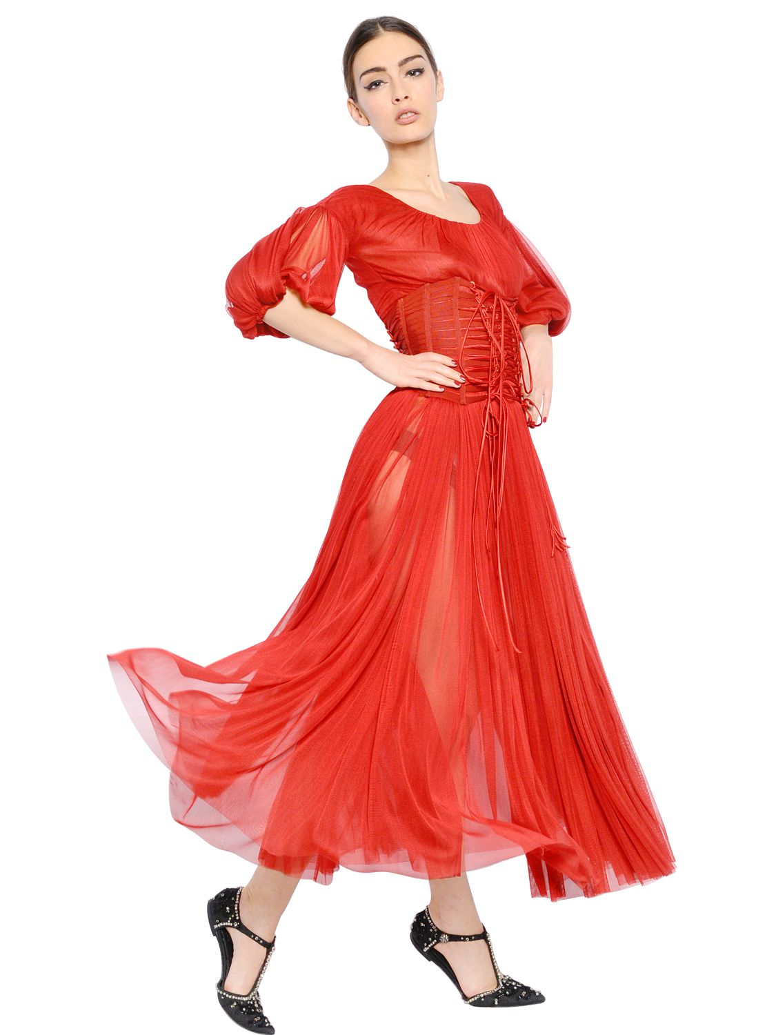Lyst - Dolce & Gabbana Silk Tulle Bustier Dress in Red
