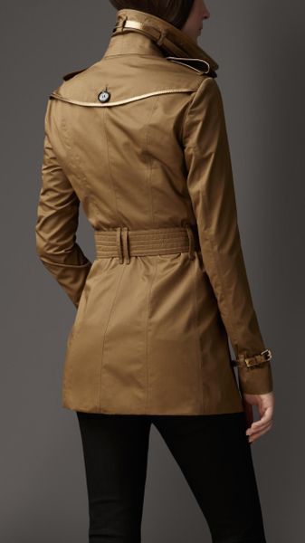 Burberry Short Leather Detail Sateen Trench Coat in Brown (dark malt ...