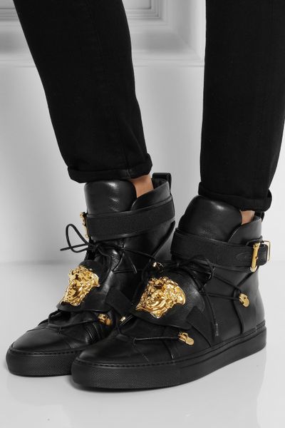 Versace Embellished Leather Hightop Sneakers in Black | Lyst