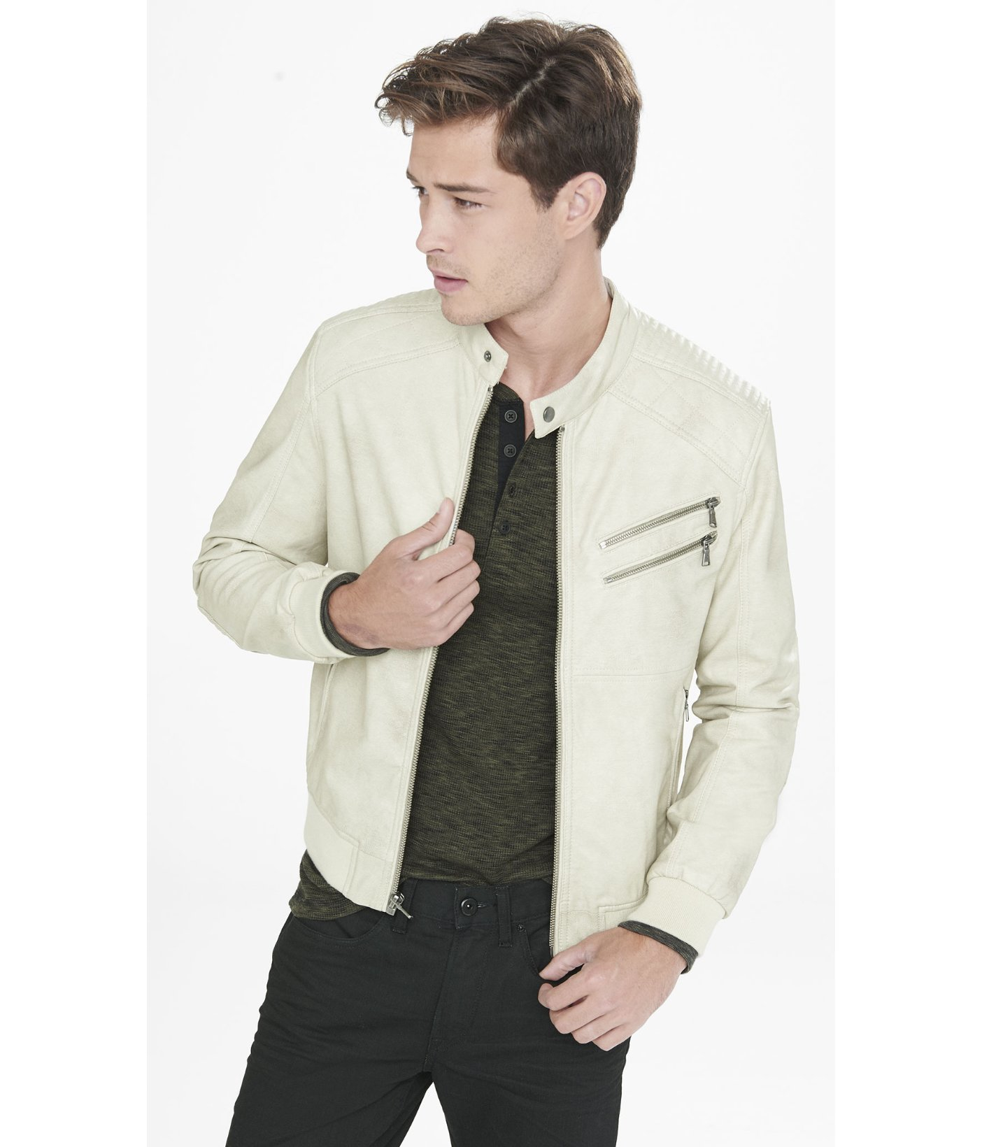 Express Dirty White (minus The) Leather Bomber Jacket in White for