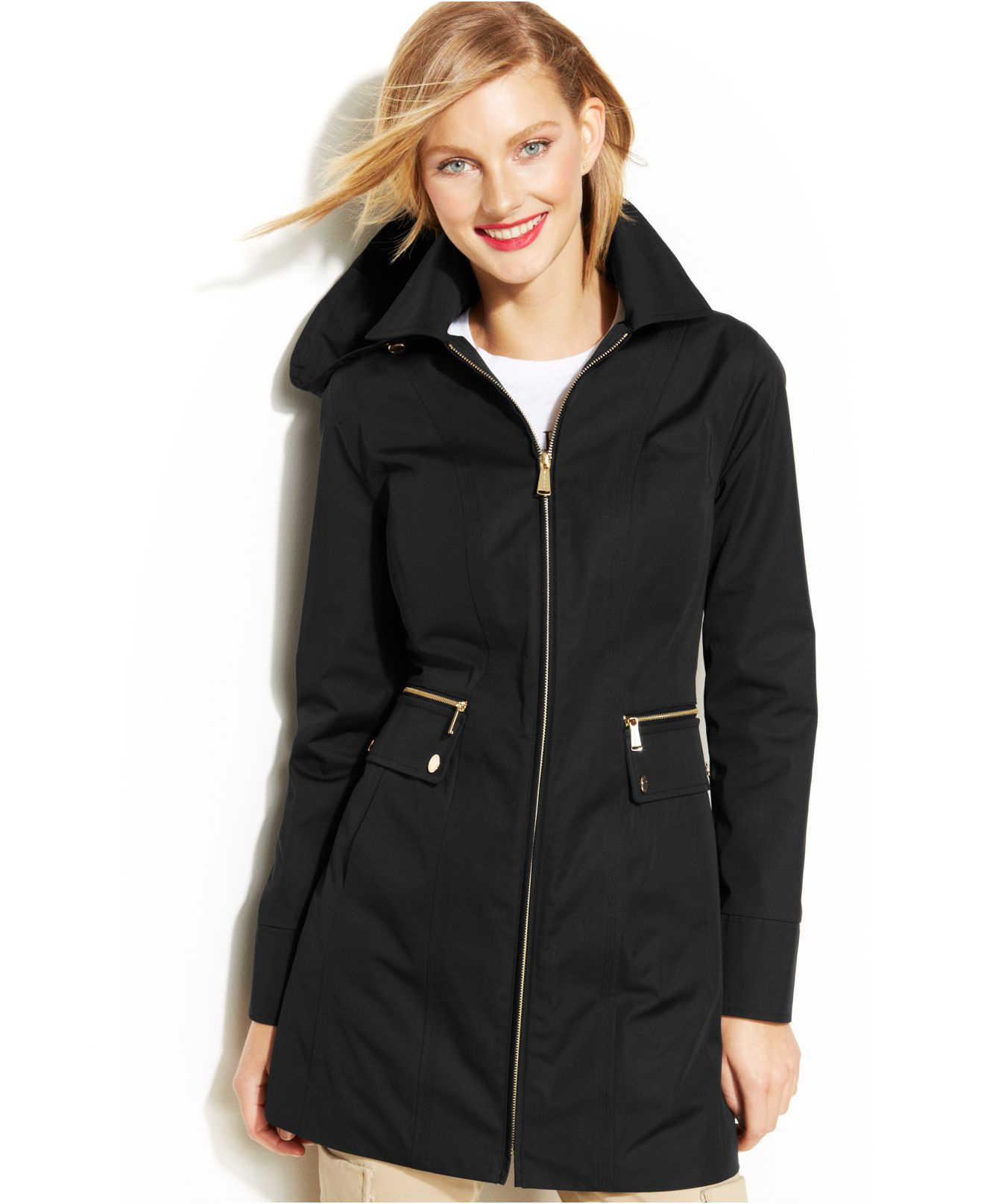 Michael Kors Michael Zippered Hooded Raincoat in Black - Lyst