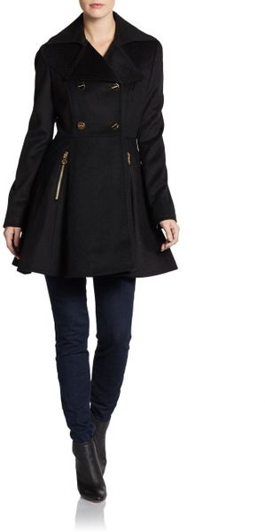 Laundry By Shelli Segal Logo Button Flared Coat in Black | Lyst