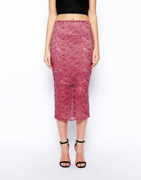Asos Pencil Skirt In Lace in Purple (Plum) | Lyst