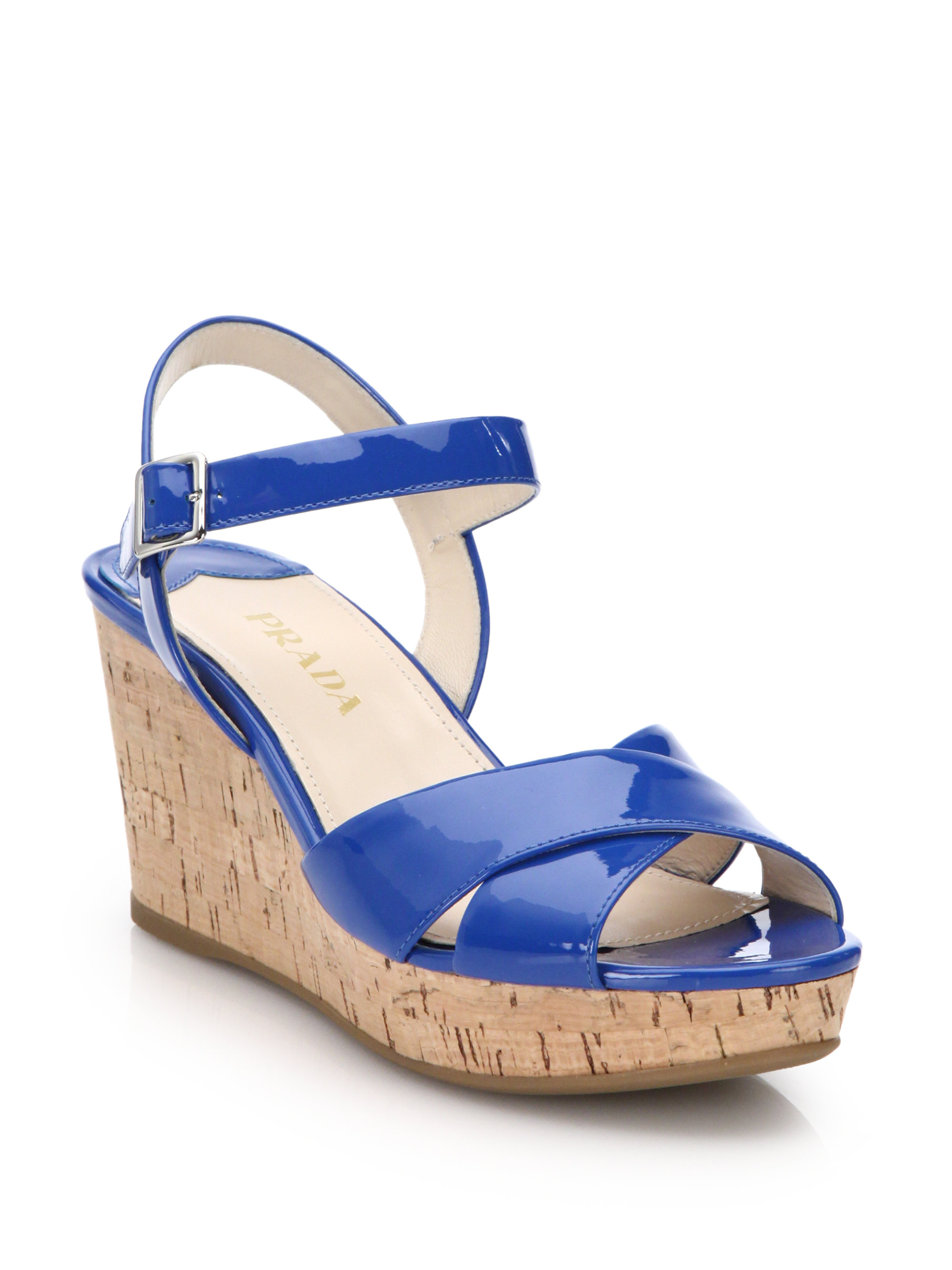 Lyst Prada Corkwedge Patent Leather Sandals in Blue