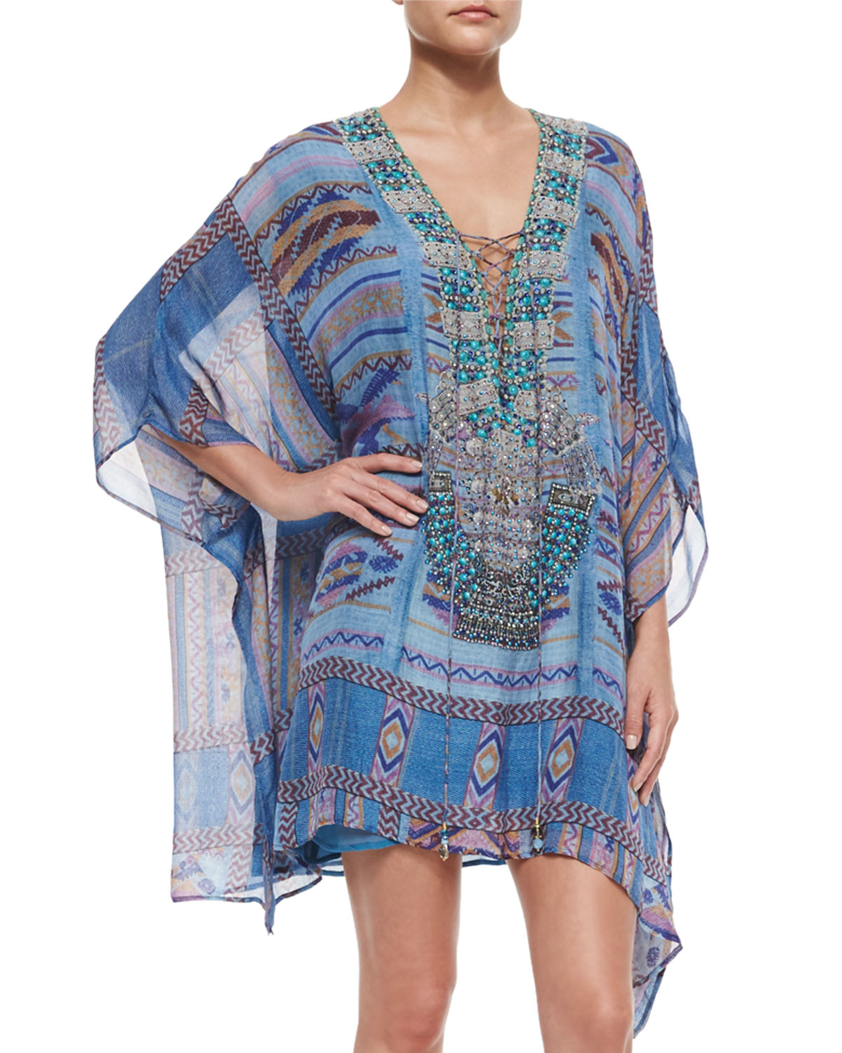 Lyst - Camilla Printed Lace-up Short Caftan Dress in Blue