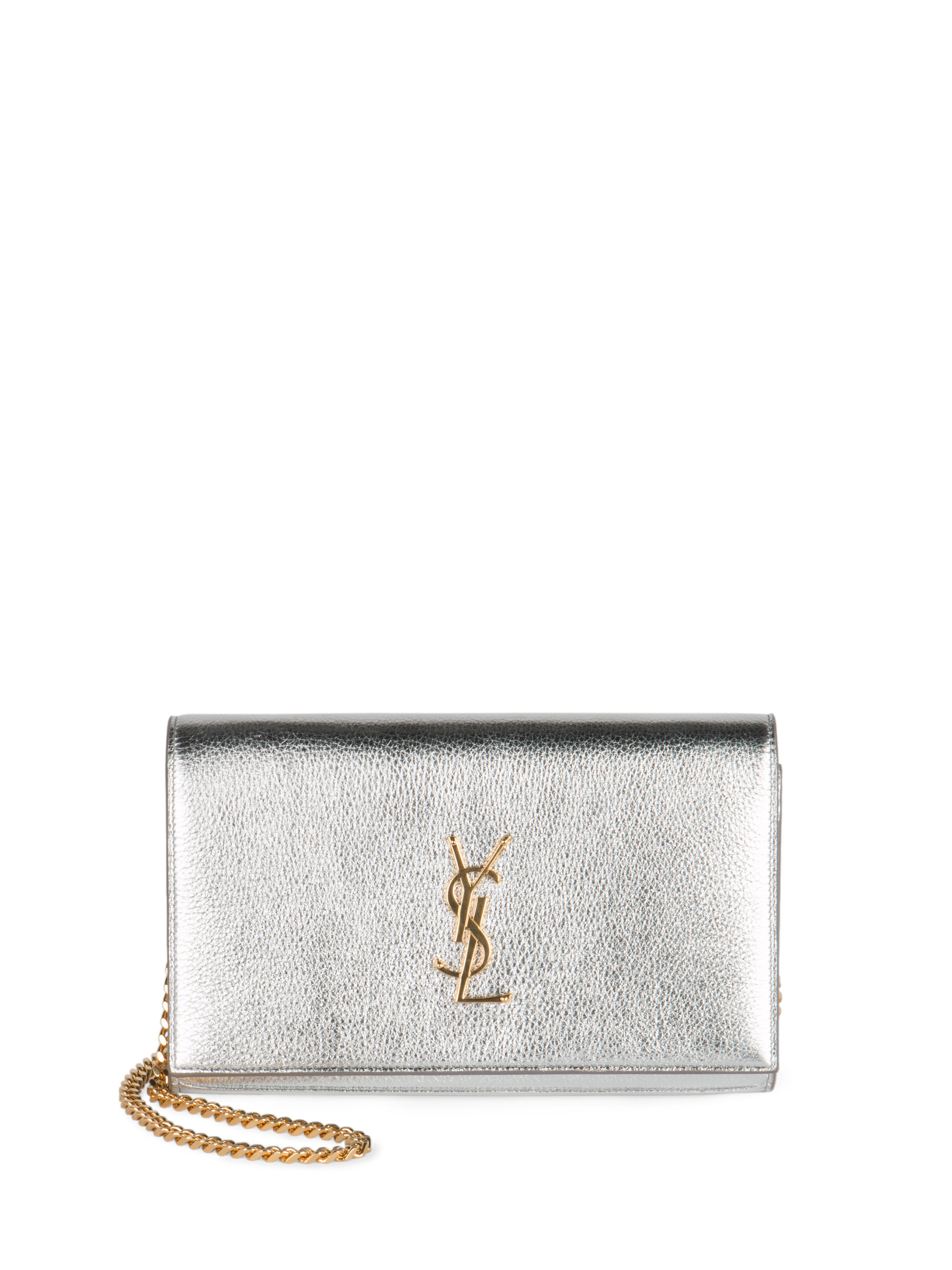 Monogram Saint Laurent Chain Wallet In Silver Grained Metallic Leather Monogram Saint Laurent Chain Wallet In Silver Grained Metallic Leather