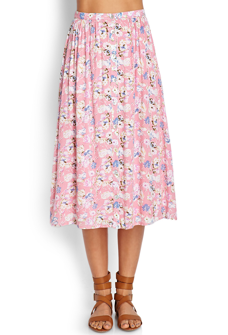 Forever 21 Buttoned Floral Midi Skirt in Pink | Lyst