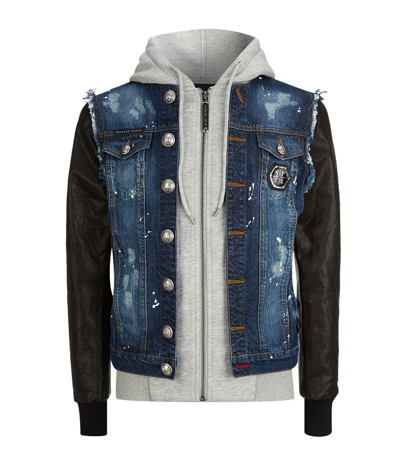 Philipp plein How Strong Denimleather Jacket in Blue for Men  Lyst