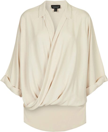 Topshop Textured Drape Front Blouse in Beige (CREAM) | Lyst