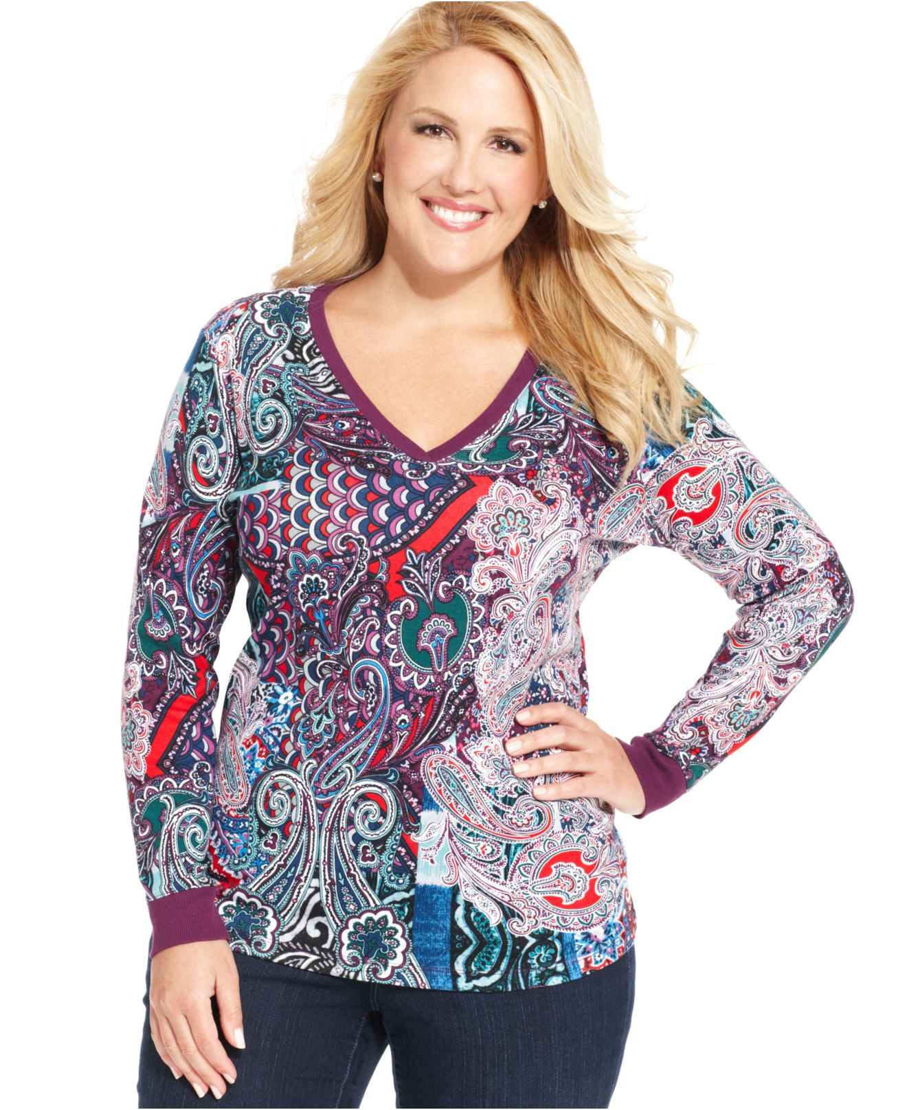 Lyst - Jones New York Signature Plus Size Long-Sleeve Paisley-Print Top ...