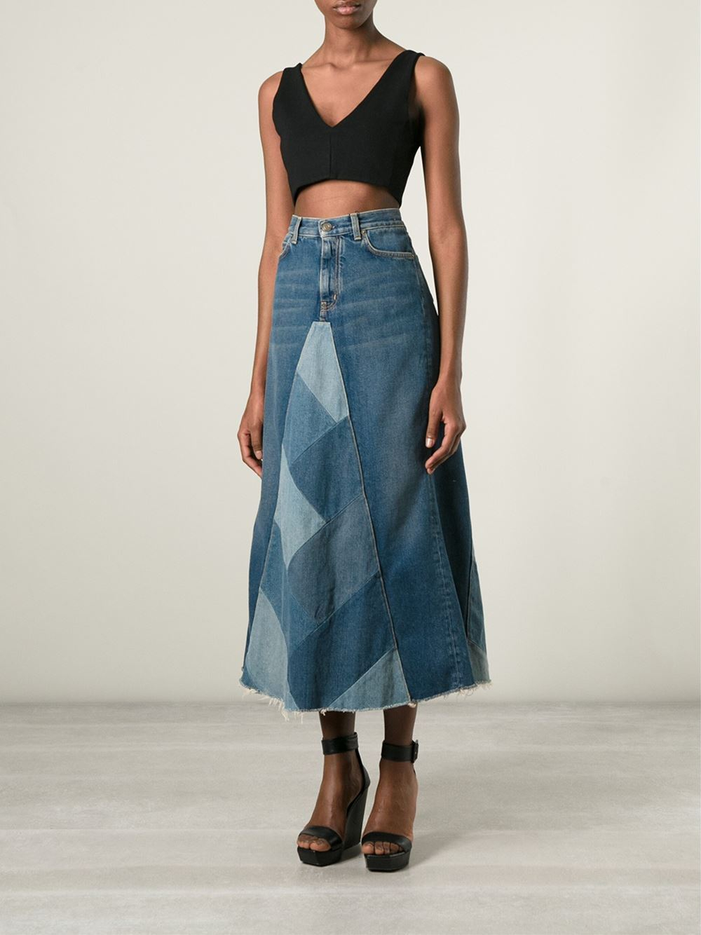 Saint laurent Patchwork Denim Skirt in Blue (denim) | Lyst