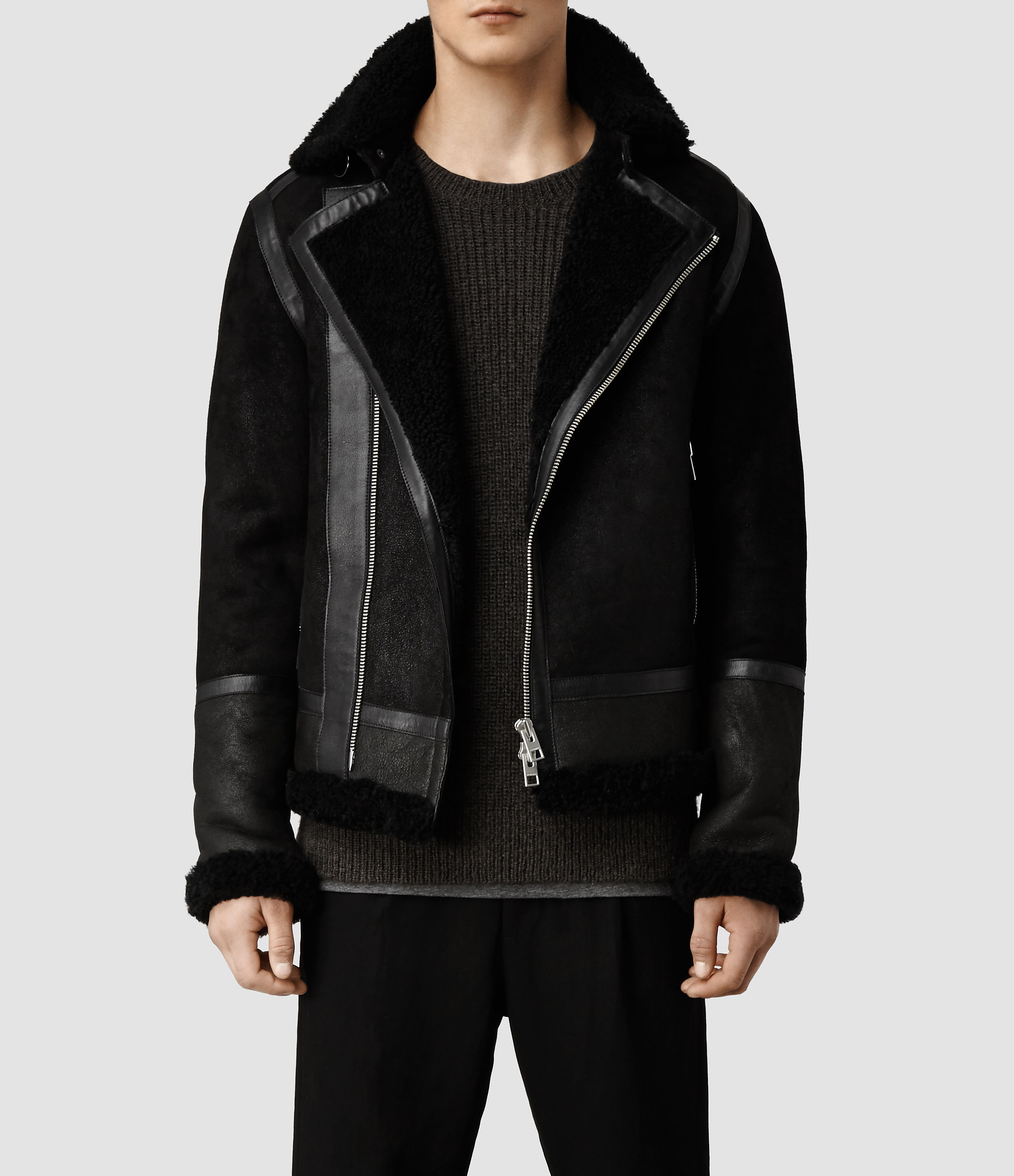 Allsaints Union Shearling Leather Jacket In Black For Men Lyst Gallery Men S Houndstooth Jackets