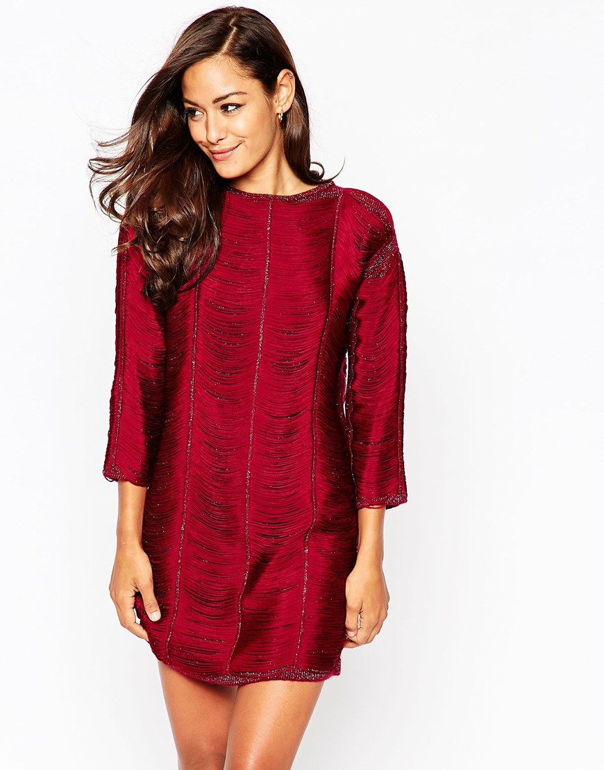 Asos Jumper Dress With Fringe Detail in Red - Lyst