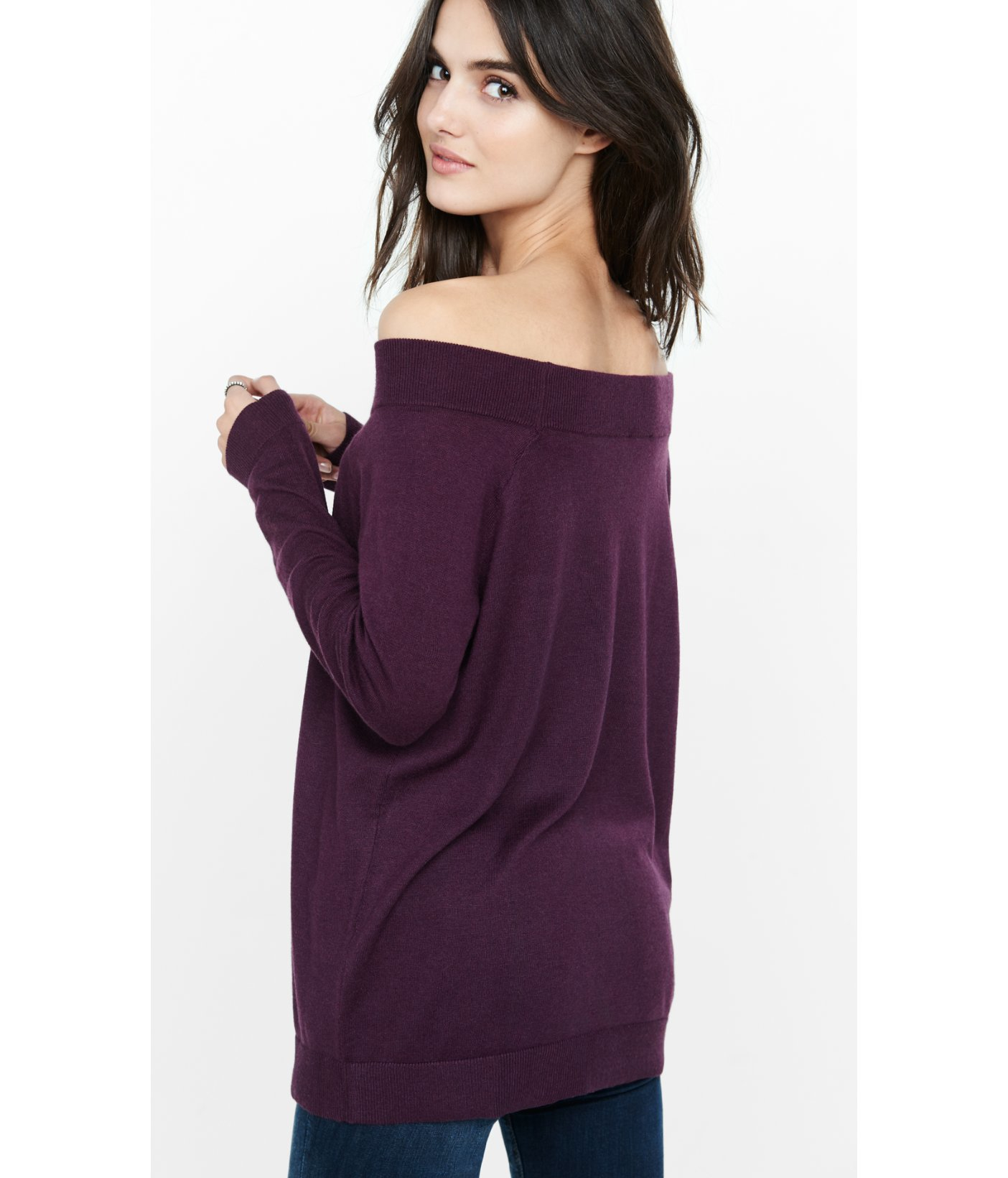 Express Hint Of Cashmere Off The Shoulder Tunic Sweater in Purple ...