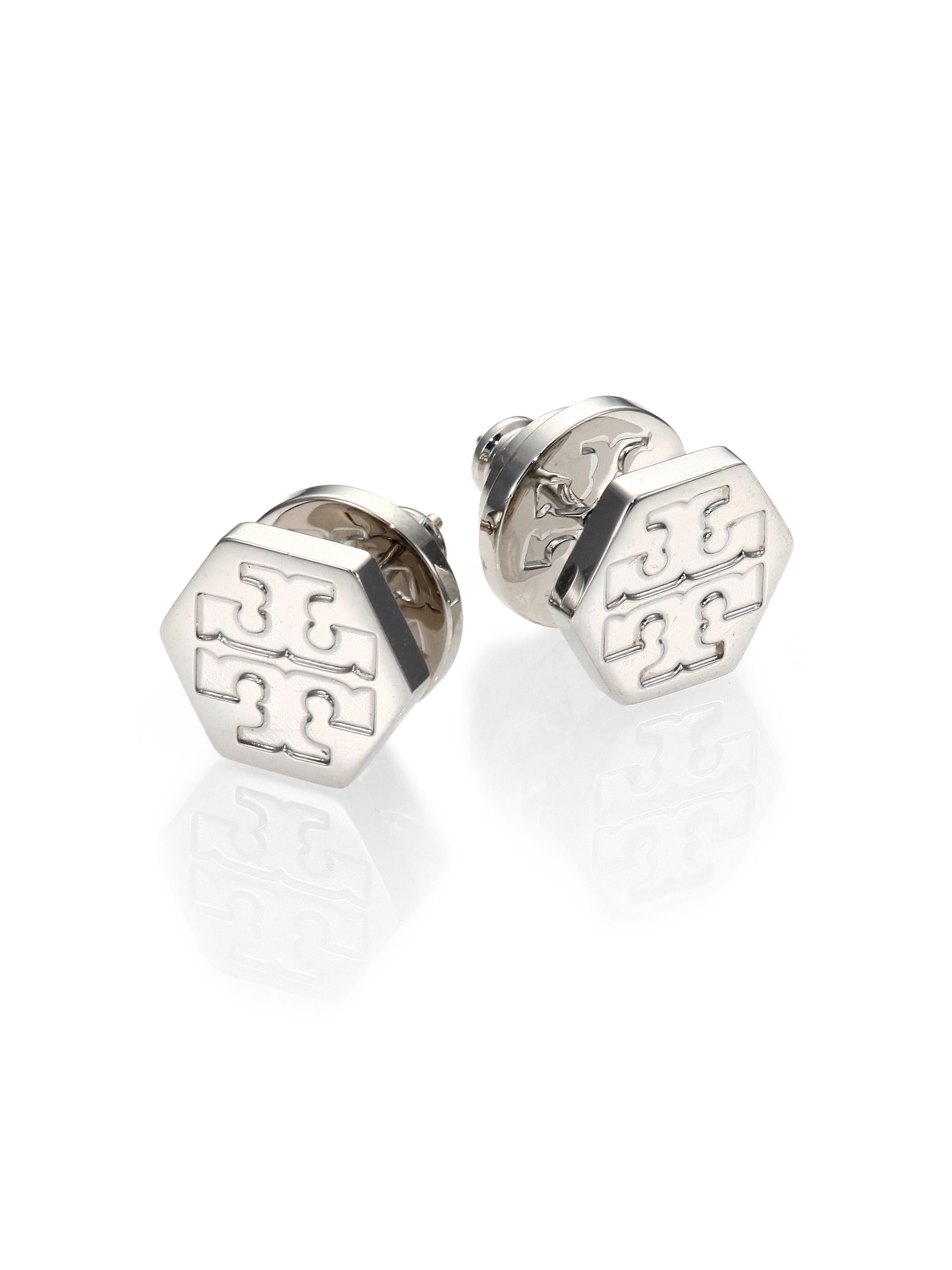 Lyst Tory Burch Hexagon Logo Stud Earrings Silvertone In Metallic Gallery