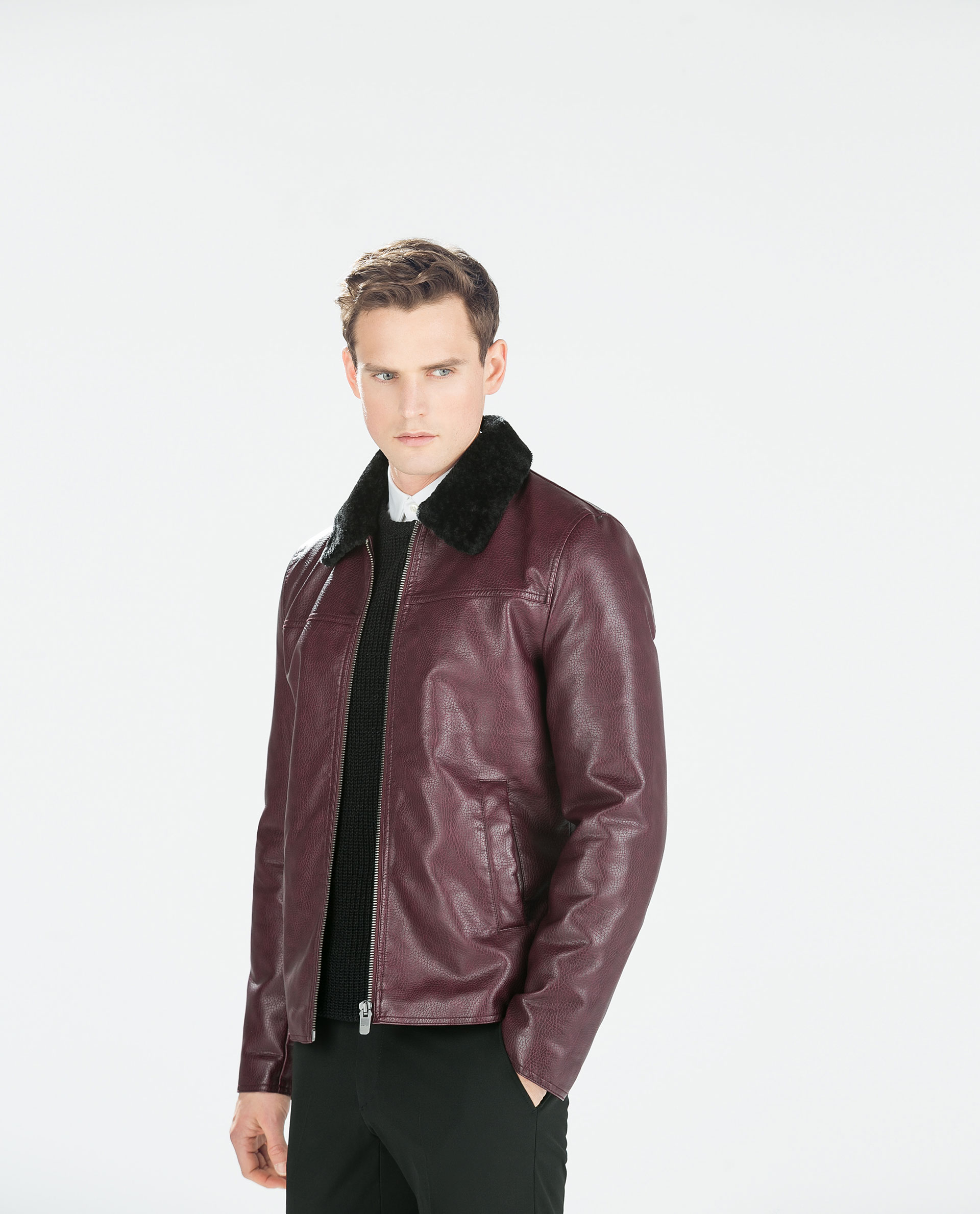 Zara Faux Leather Jacket With Fur Collar In Red For Men Lyst Gallery