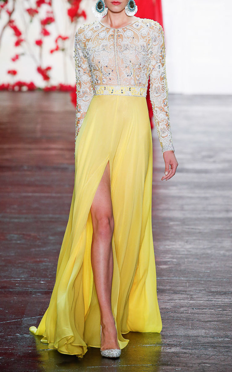 Lyst Naeem Khan Beaded Long Sleeve Chiffon Gown In Yellow Gallery