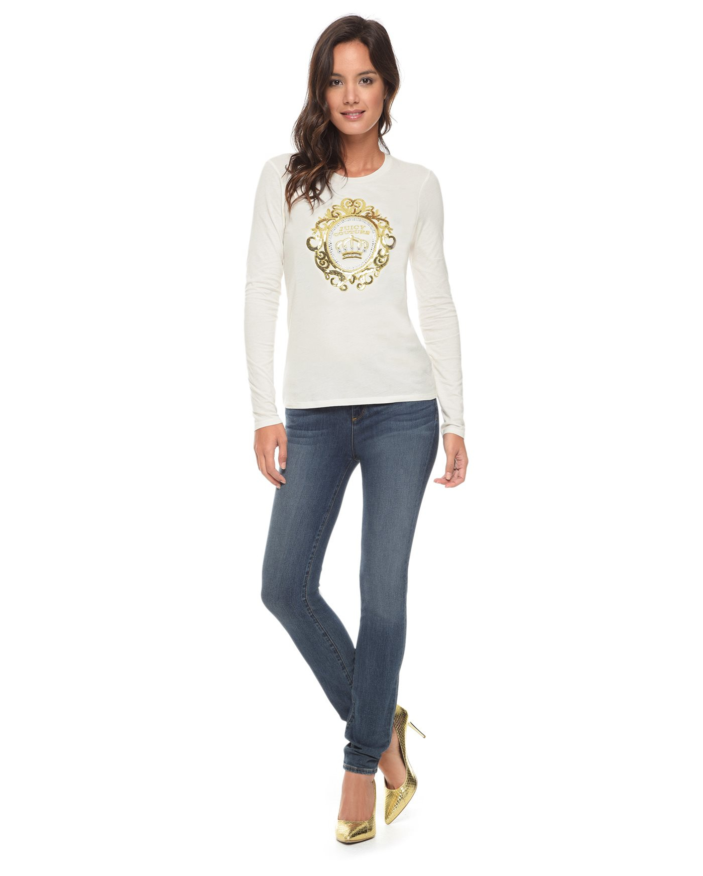 Juicy Couture Logo Rococo Cameo Long Sleeve Tee In White Vanilla Lyst