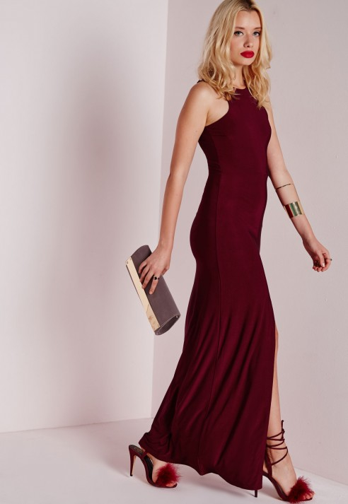 missguided slinky front split maxi dress burgundy in purple lyst missguided slinky front split maxi dress burgundy in purple lyst